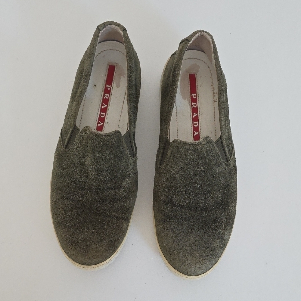 Prada Slip On Green Suede Shoes.  Size 37 1/2